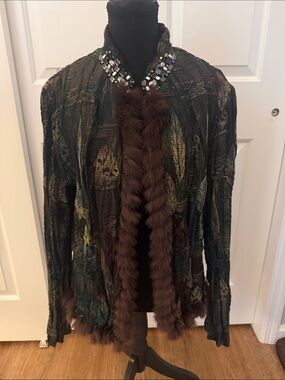 Passion Concept Boho Glam Plissé Beaded Rabbit Fur Trim Jacket Maximalist BohoXL